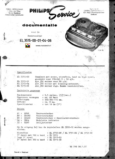 Service Sheet Repair Manual Philips El3515 Tape Recorder