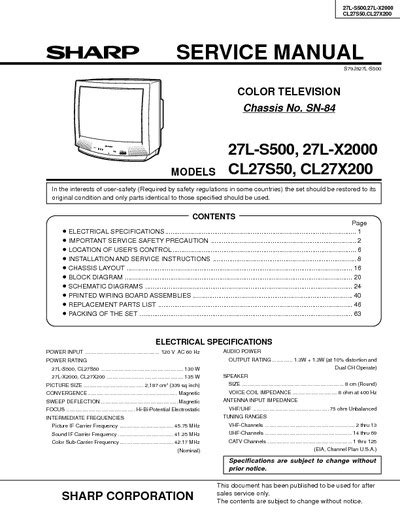 Sharp 27l S500 27l X2000 Cl27s50 Tv Service Manual Download