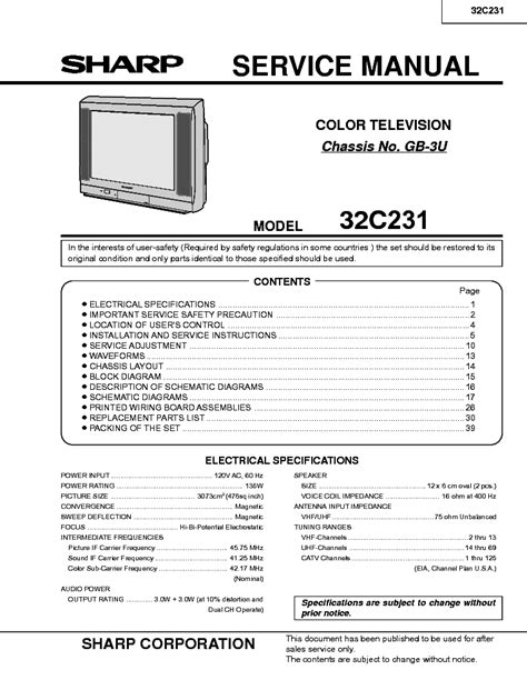 Sharp 32c231 Color Tv Repair Manual