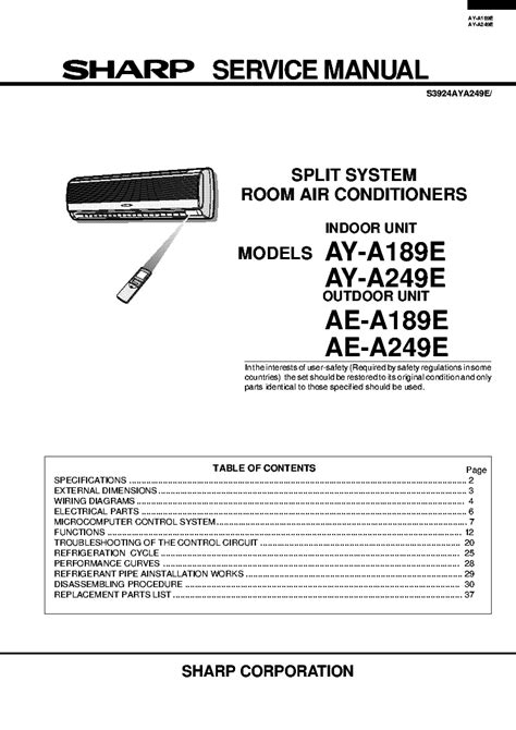 Sharp Air Conditioner Ay A189 249 J Service Manual