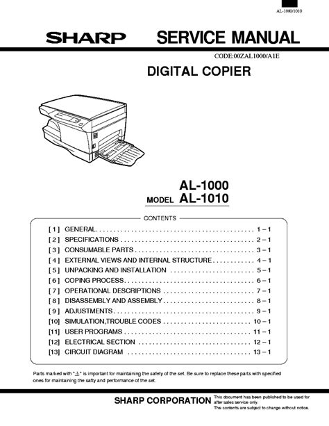 Sharp Al 1000 Al 1010 Digital Copier Service Repair Manual