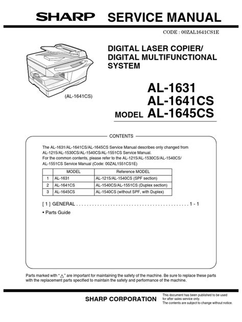 Sharp Al 1215 1530cs 1540cs 1551cs Service Manual Parts List