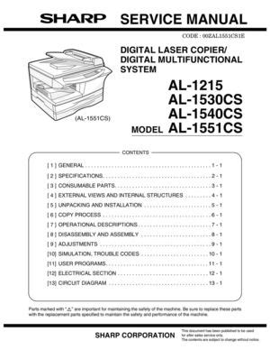 Sharp Al 1215 Al 1530cs Al 1540cs Al 1551cs Digital Laser Copier Service Repair Manual