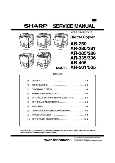 Sharp Ar 250 280 281 285 286 335 336 405 501 505 Comb Service Manual