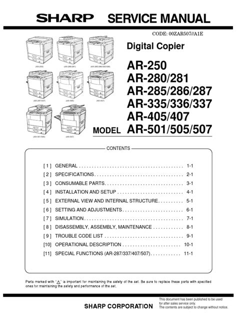 Sharp Ar 287 337 407 507 Digital Copier Service Manual