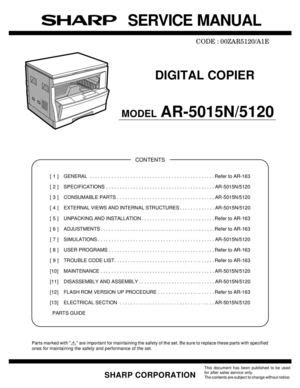 Sharp Ar 5015n Ar 5120 Digital Copier Service Repair Manual