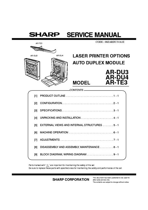 Sharp Ar Du3 Ar Du4 Ar Te3 Laser Printer Options Auto Duplex Module Service Repair Manual