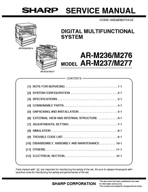 Sharp Ar M236 Ar M276 Ar M237 Ar M277 Digital Multifunctional System Service Repair Manual