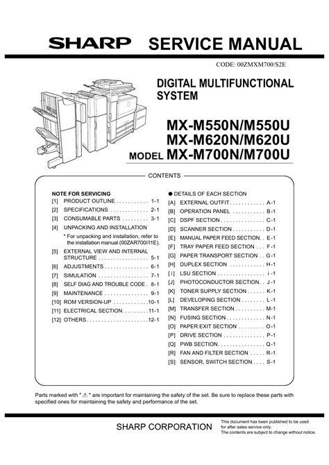 Sharp Ar M550x M620x M700x Digital Copier Printer Multi Function System Service Manual