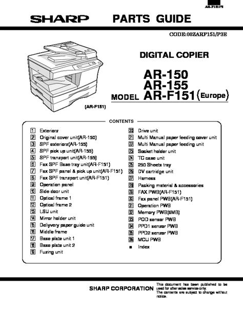 Sharp Ar150 Ar155 Ar F151 Service Manual Parts List