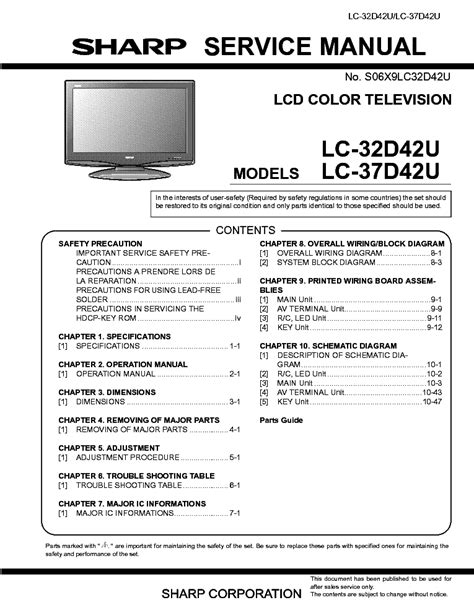 Sharp Lc 15s1m Lc 13s1m Lcd Tv Service Manual