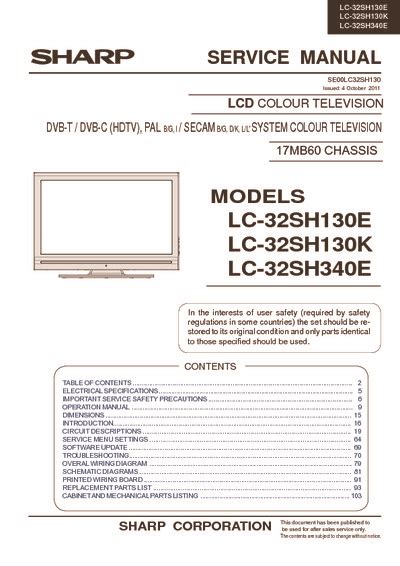 Sharp Lc 32sh130e Lc 32sh130k Lcd Tv Service Manual