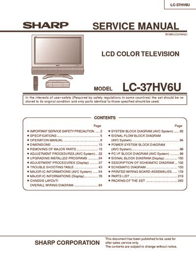 Sharp Lc 37hv6u Lcd Tv Service Manual Download