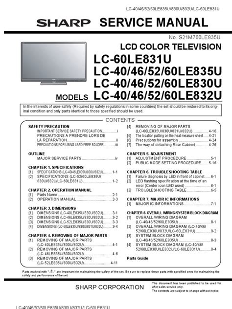 Sharp Lc 40le830u 46le830u 52le830u 60le830u Service Manual Repair Guide