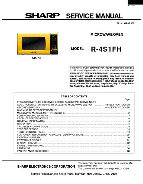 Sharp R 4s1fh Microwave Oven Service Manual