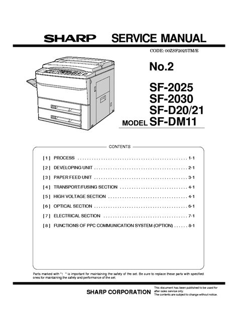 Sharp Sf 2030 Sf D20 Sf D21 Sf Dm11 Copier Service Repair Manual