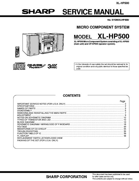 Sharp Xl Hp500 Micro Component System Service Manual