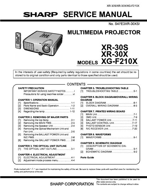 Sharp Xr 30s Xr 30x Xg F210x Projector Service Manual