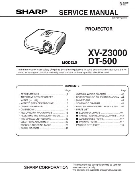 Sharp Xv Z3000 Dt 500 Projector Service Manual Download