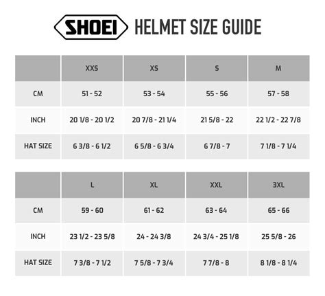 Shoei Helmets Size Chart