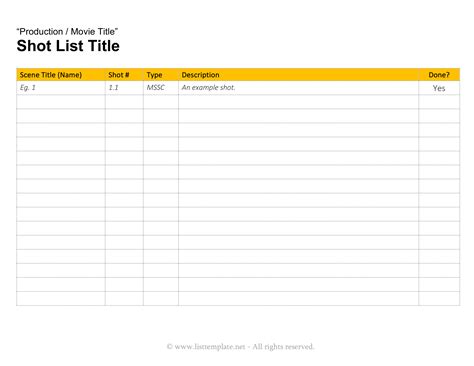 Shot List Template Google Docs