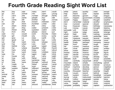 Sight Words For 4th Grade Printable List