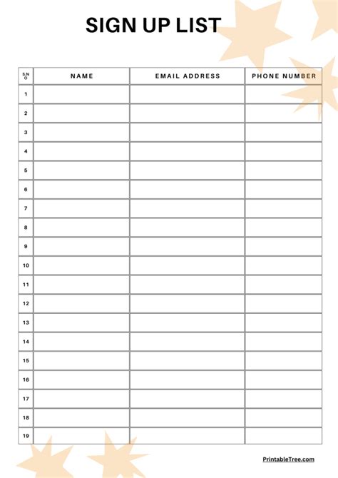 Sign Up Sheet Template Printable
