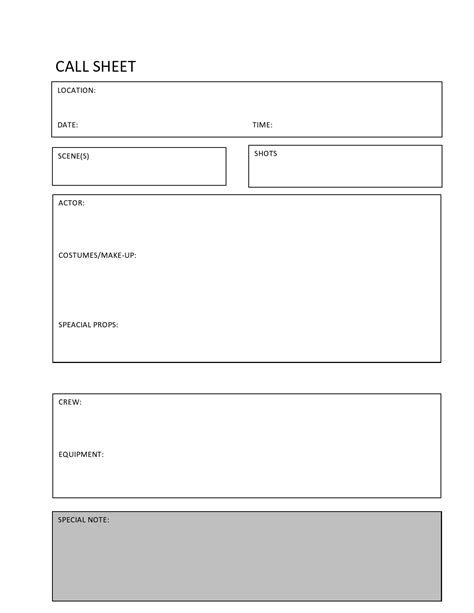 Simple Call Sheet Template