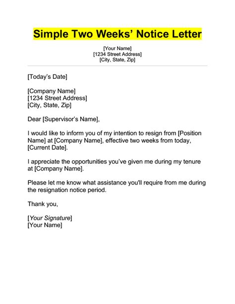 Simple Two Week Notice Letter Template