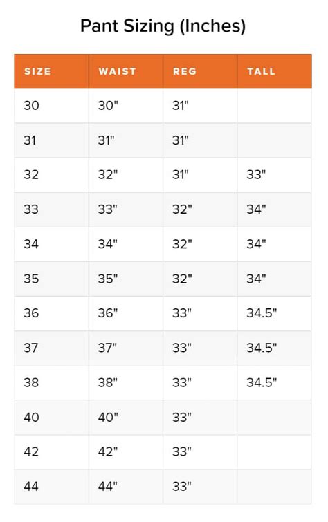 Sitka Pants Size Chart