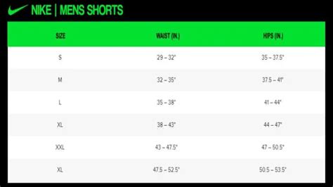 Size Chart For Nike Shorts