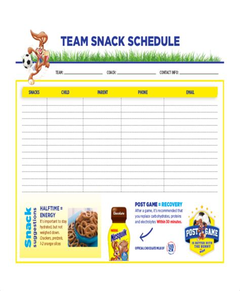 Snack Schedule Template Free