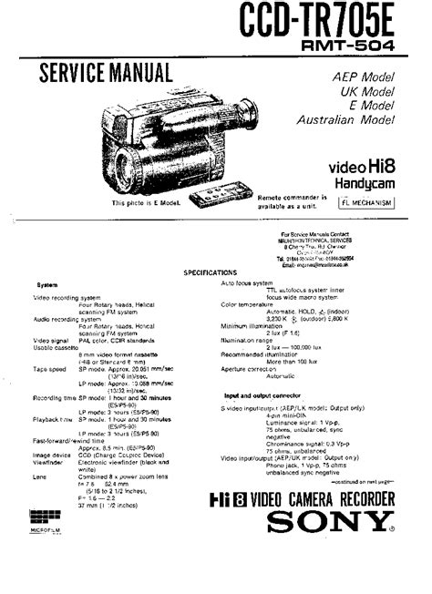 Sony Ccd Tr705e Video Camera Service Manual