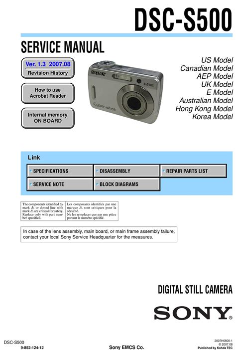 Sony Cyber Shot Dsc S500 Service Repair Manual