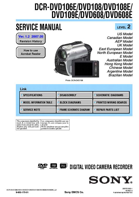 Sony Dcr Dvd106 E 108 108e 109e 608 608e Service Repair Manual