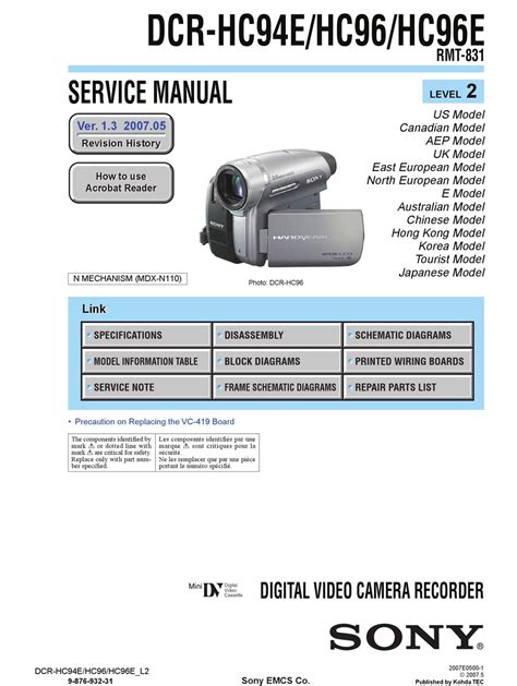 Sony Dcr Hc94e Hc96 Hc96e Service Manual Download