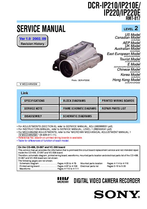 Sony Dcr Ip210 Ip210e Ip220 Ip220e Service Manual Download