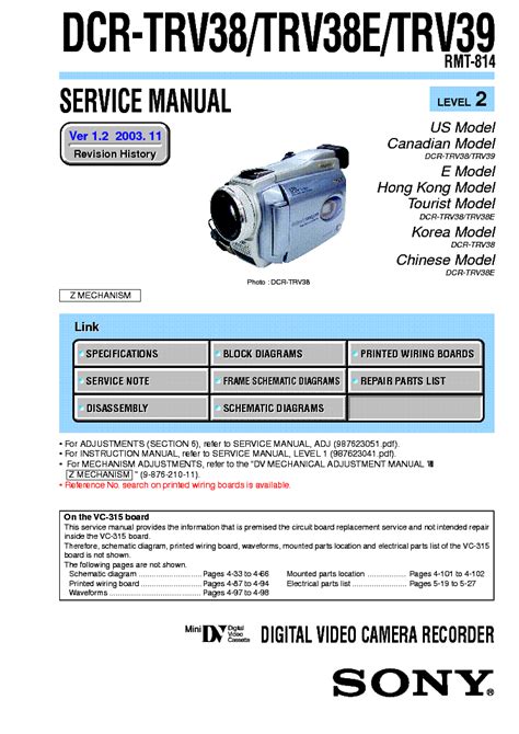 Sony Dcr Trv38 Dcr Trv38e Digital Video Camera Recorder Service Manual