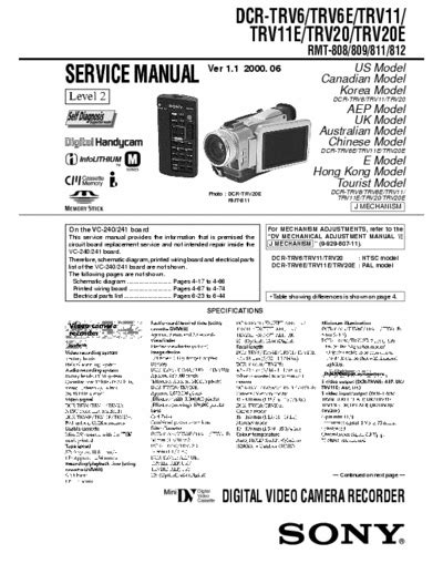 Sony Dcr Trv6 Trv6e Digital Video Camera Recorder Service Manual