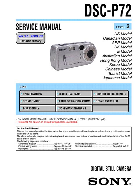 Sony Dsc P72 Dsc 72 Digital Camera Service Repair Manual