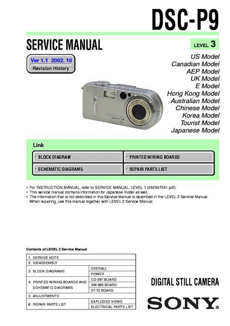 Sony Dsc P9 Digital Camera Service Repair Manual