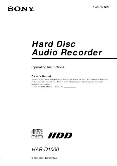 Sony Har D1000 Hdd Recorder Service Manual Download