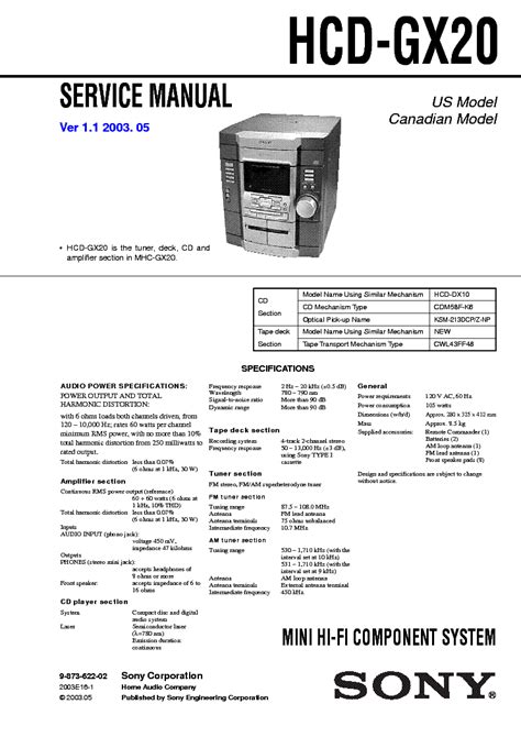 Sony Hcd Gx20 Mini Hi Fi Component System Service Manual