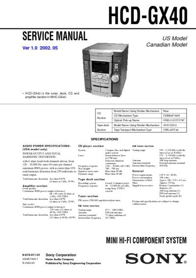 Sony Hcd Gx40 Mini Hi Fi Component System Service Manual