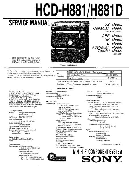 Sony Hcd H881 H881d Mini Hi Fi Component System Repair Manual