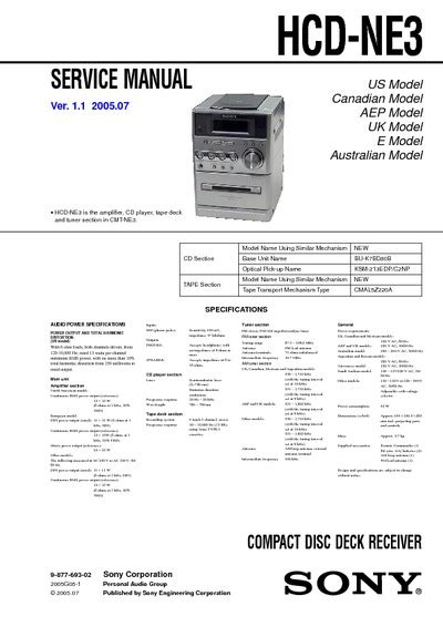 Sony Hcd Ne3 Compact Disc Deck Receiver Service Manual