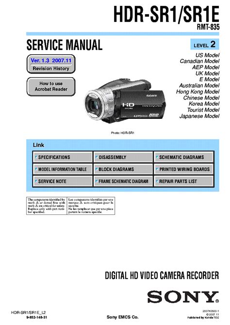 Sony Hdr Sr1 Sr1e Service Repair Manual