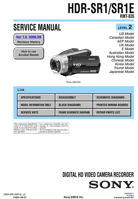 Sony Hdr Sr1 Sr1e Video Camera Service Manual