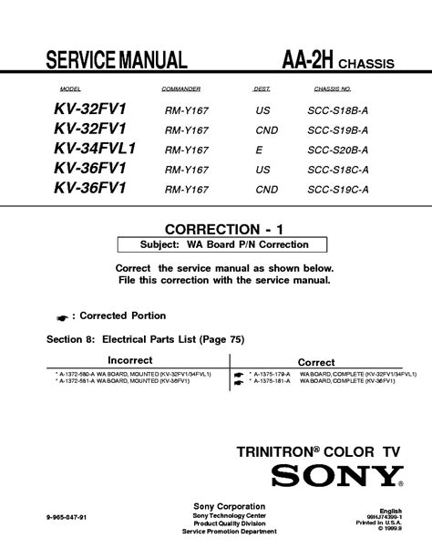 Sony Kv 32fv1 Kv 34fvl1 Kv 36fv1 Trinitron Tv Service Manual Download