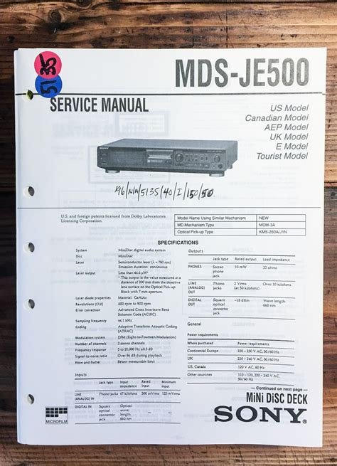 Sony Mds Je500 Mini Disc Deck Service Manual